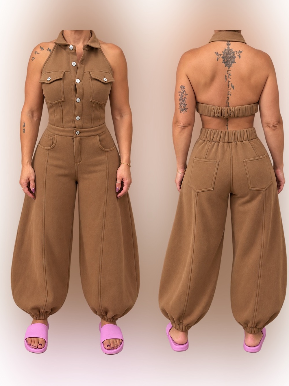Kaylee Kollection Women’s Halter sweater Jumpsuit in Mocha sz M